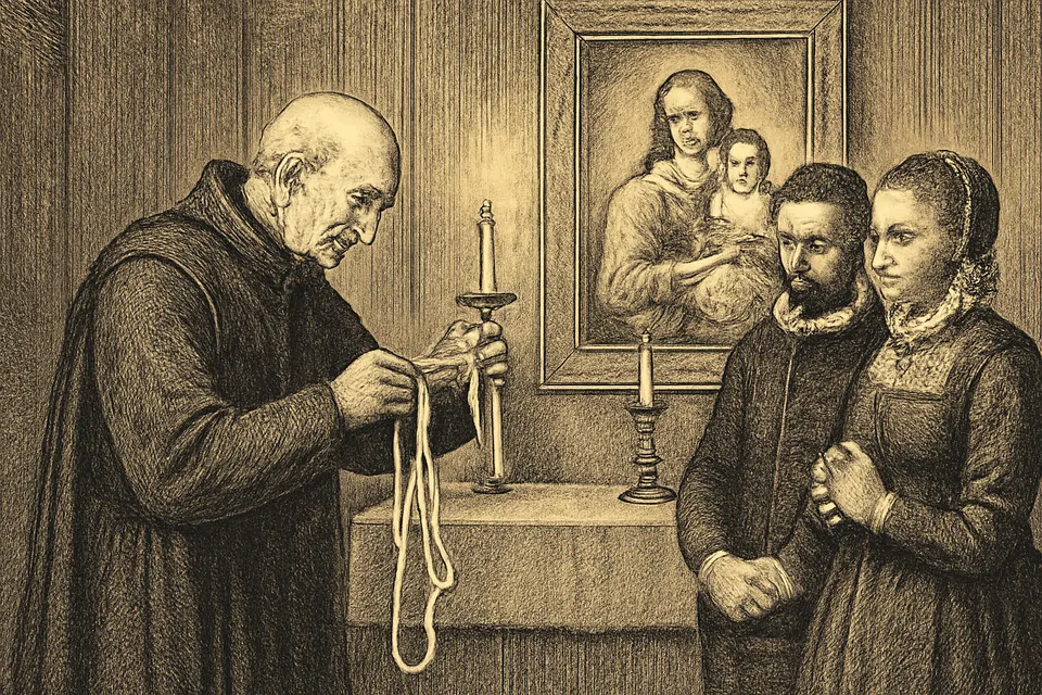 Ilustración en estilo grabado de un sacerdote jesuita que deshace los nudos de una cinta blanca ante una imagen de la Virgen, mientras un matrimonio lo mira