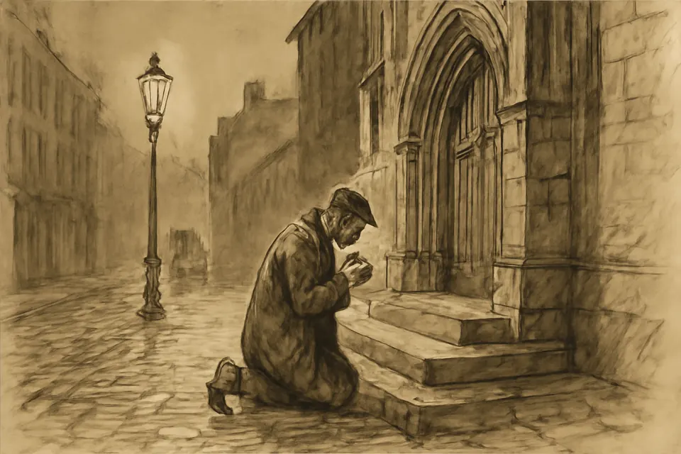 Ink-drawing-style illustration of a thin, bearded working man in a cap and long coat kneeling alone on the steps of a Dublin church at dawn, waiting for the doors to open