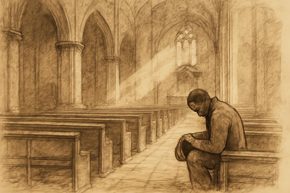 Ink-drawing-style illustration of a working man kneeling alone at the back of a quiet church, cap in hand