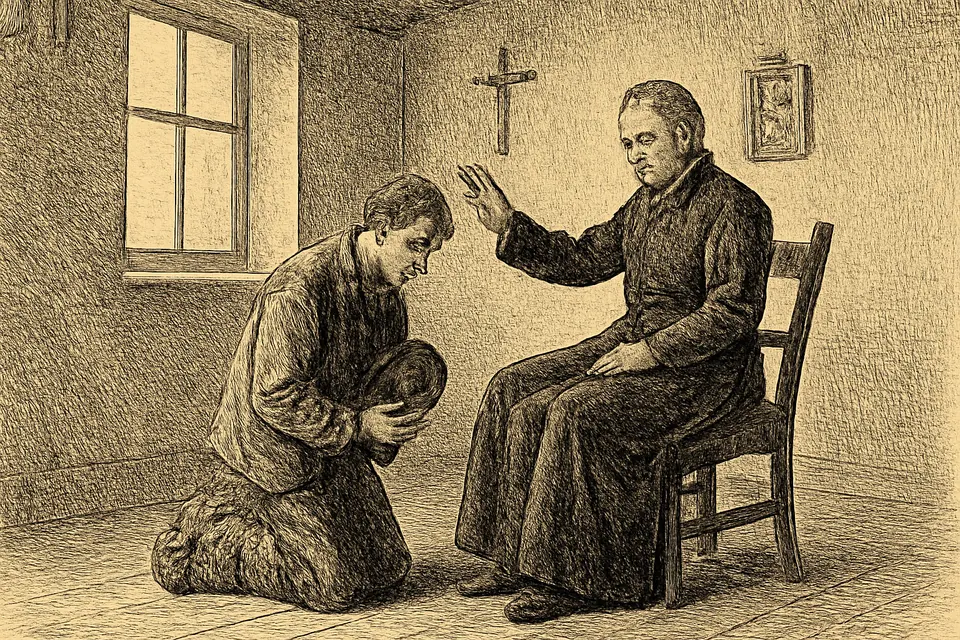 Engraving-style illustration of a young Dublin workman kneeling before a priest in a seminary parlor, taking the pledge against drink