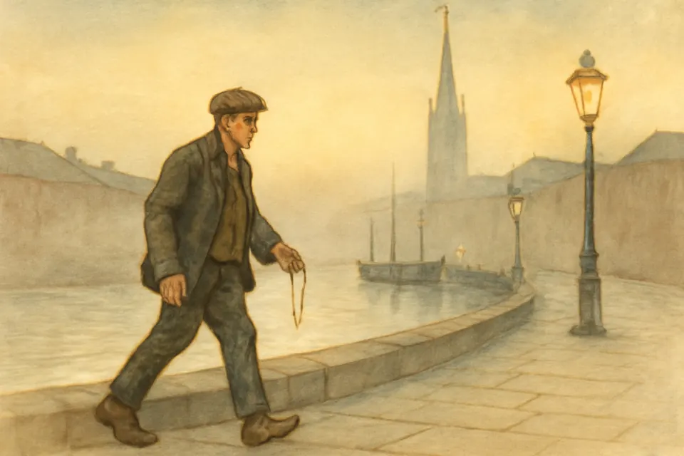 Watercolor-style illustration of a thin Dublin laborer in a cap walking along the quays toward church at dawn