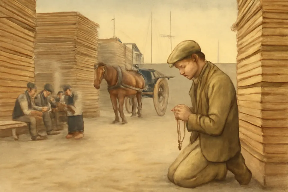 Watercolor-style illustration of a thin laborer praying quietly behind a stack of planks in a Dublin timber yard during a work break
