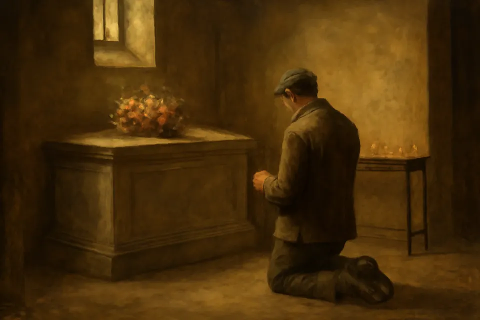 Oil-painting-style scene of a workingman in a cap kneeling with a rosary before a plain granite tomb with flowers and candles in a Dublin church