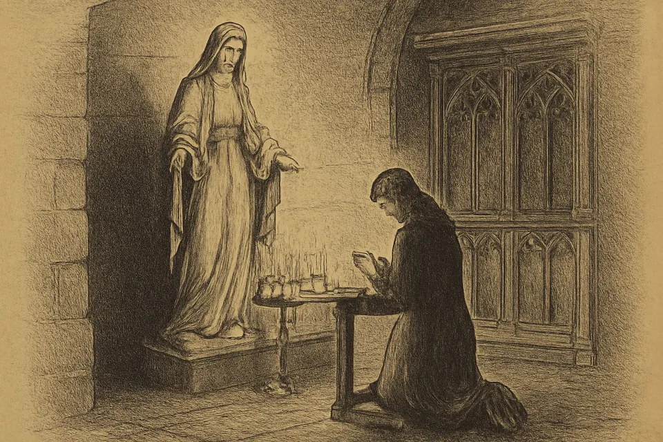 Oil-painting-style illustration of a young woman kneeling alone before a statue of the Virgin Mary in a dim side chapel, lit by a bank of votive candles