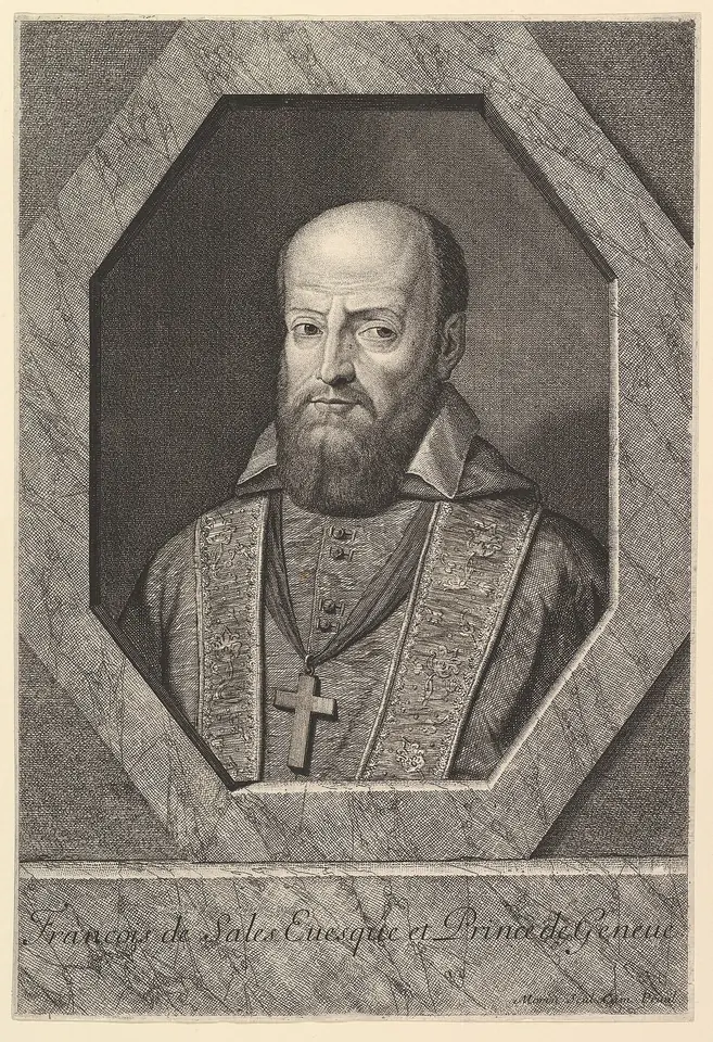Engraved portrait of a bearded, balding bishop with a pectoral cross, in an octagonal stone frame with his name below