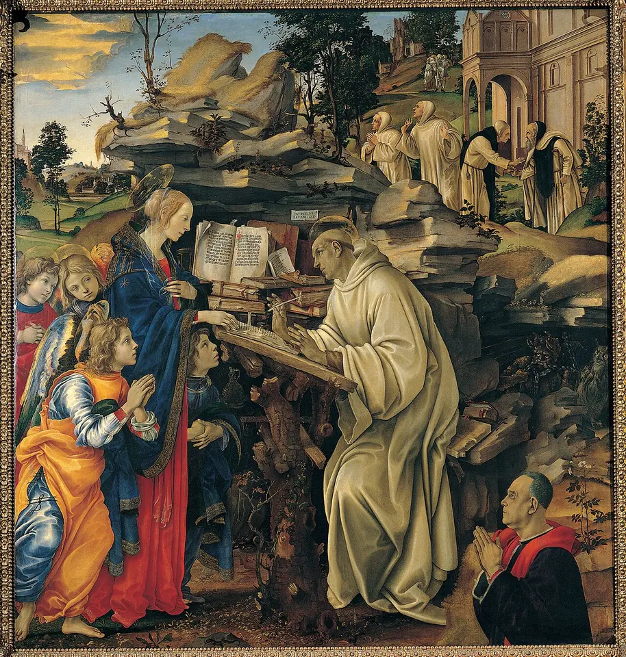 The Virgin Mary with angels appears to a white-robed monk writing at a rock desk in a rocky landscape, while a man in red kneels in prayer in the corner