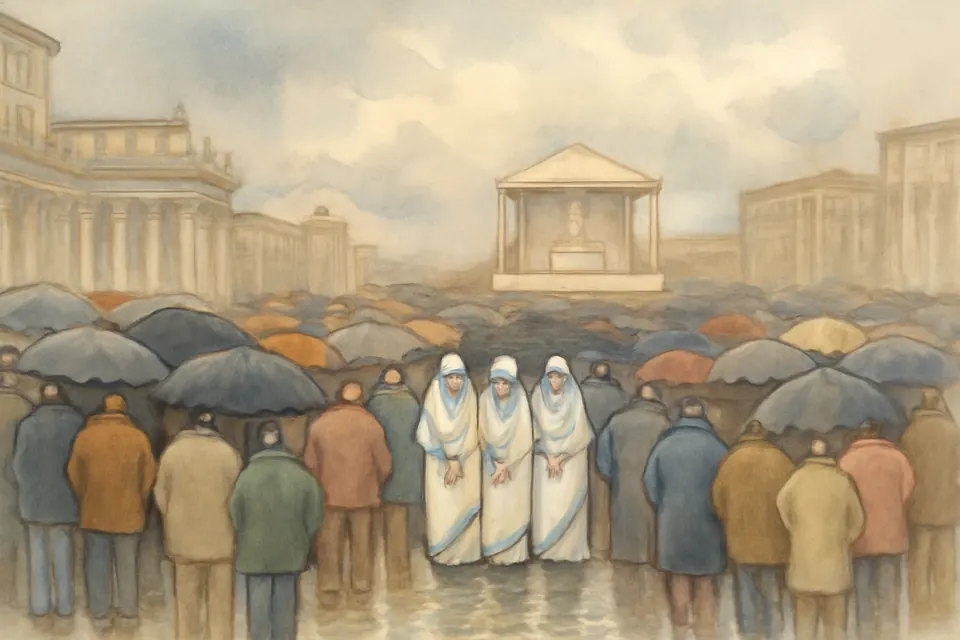 Watercolor illustration of a large outdoor crowd in Rome closing their umbrellas as the rain stops before an outdoor papal Mass