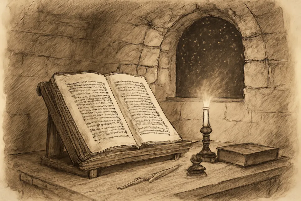 Illustration of an old Hebrew manuscript lying open on a wooden reading desk beside a candle, with a starry night sky in the window behind