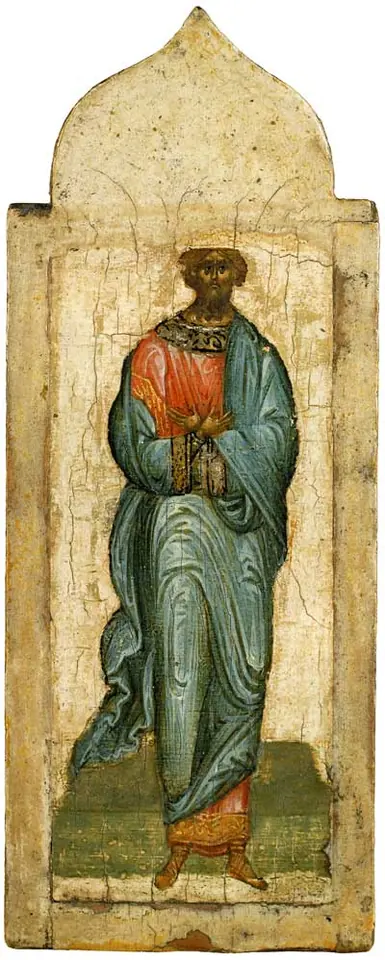 Tall narrow Russian icon of an elderly bearded man in a blue-green mantle over a red tunic, standing on green ground with his hands raised