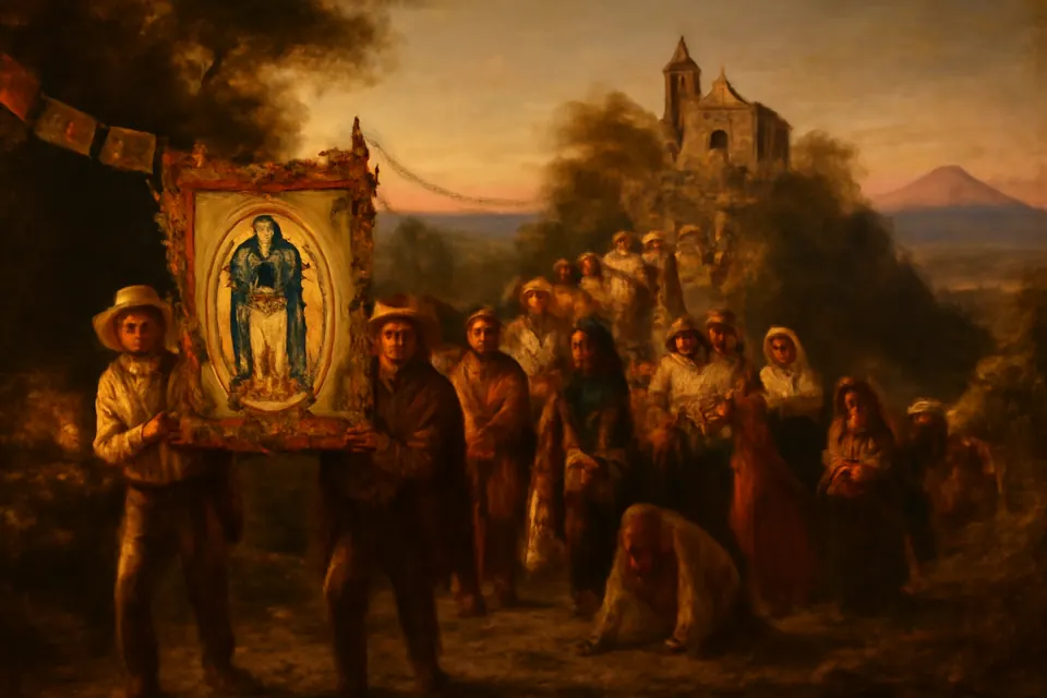 Oil-painting-style illustration of pilgrims walking up the hill of Tepeyac at dawn toward a small chapel, carrying an image of Our Lady of Guadalupe and flowers