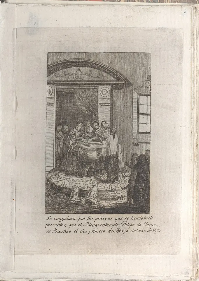 Engraving of a family scene in a colonial Mexican room, with a baptismal font and a priest, framed by an arched doorway, with a Spanish caption below