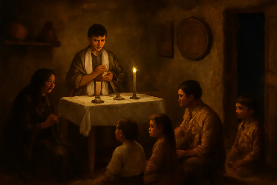 Oil-painting-style illustration of a Cristero-era priest saying Mass in secret at a kitchen table in a Mexican ranch house, with a family kneeling by candlelight
