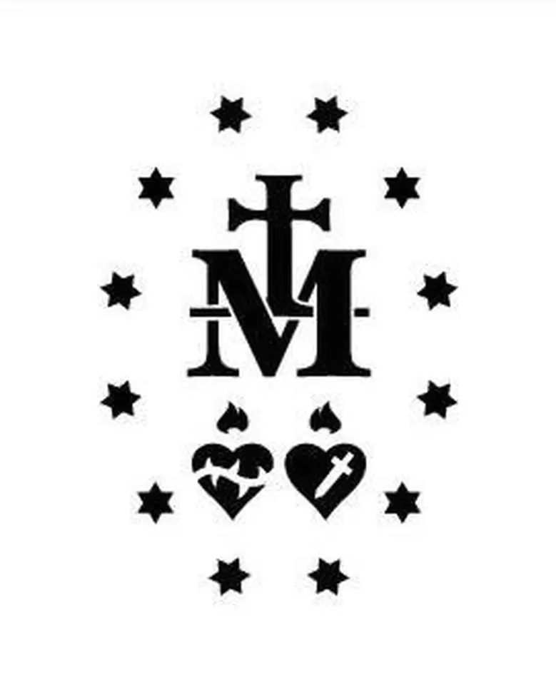 Black graphic of the back of the Miraculous Medal, with the letter M with a cross and bar, two hearts below, ringed by twelve stars