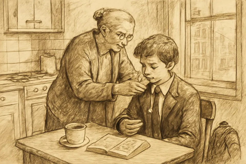 Ink-drawing-style illustration of a grandmother fastening a Miraculous Medal on a chain around her grandson's neck at a kitchen table