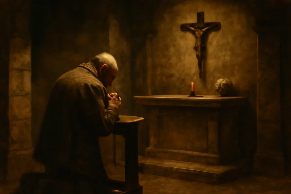 Ilustración en estilo óleo de un anciano arrodillado a solas en una capilla en penumbra ante un crucifijo de madera, con un rosario oscuro entre los dedos y una veladora encendida