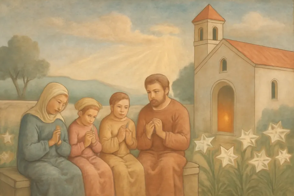 Ilustración en estilo fresco de una familia que reza el rosario en la mañana de Pascua en un jardín soleado junto a una iglesia, rodeada de azucenas blancas