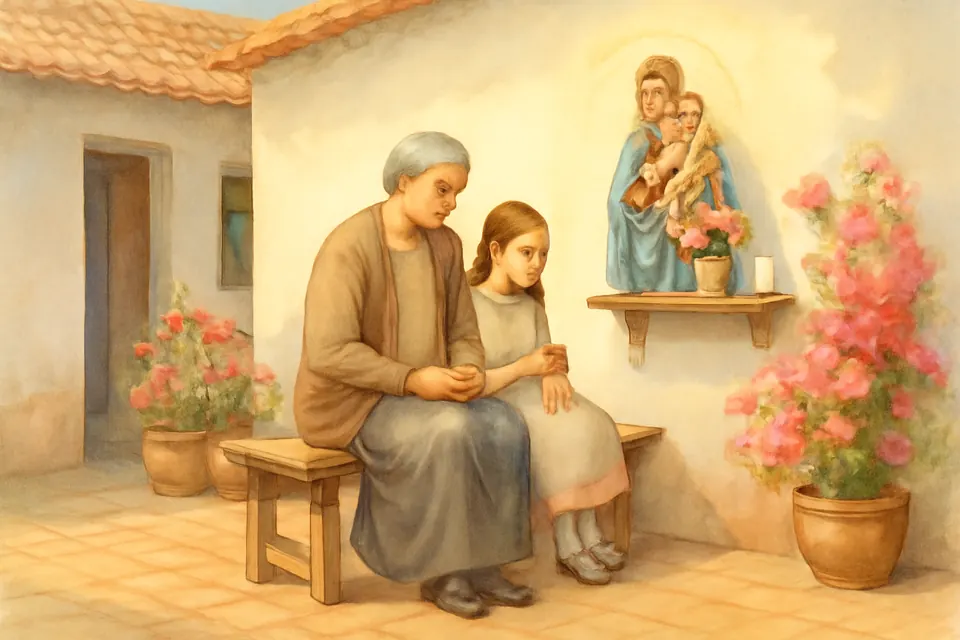 Ilustración en estilo acuarela de una abuela y su nieta rezando el rosario un sábado por la mañana en un patio con macetas de flores, junto a una pequeña imagen de la Virgen con el Niño