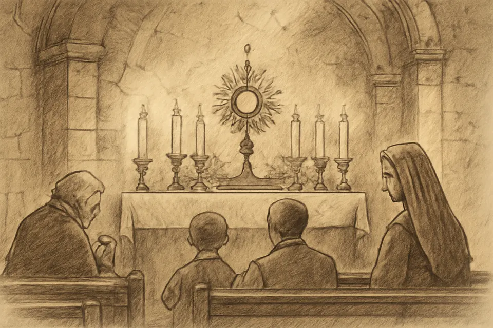 Oil-painting-style illustration of a golden sunburst monstrance on a candlelit altar, with the faithful kneeling in prayer before it