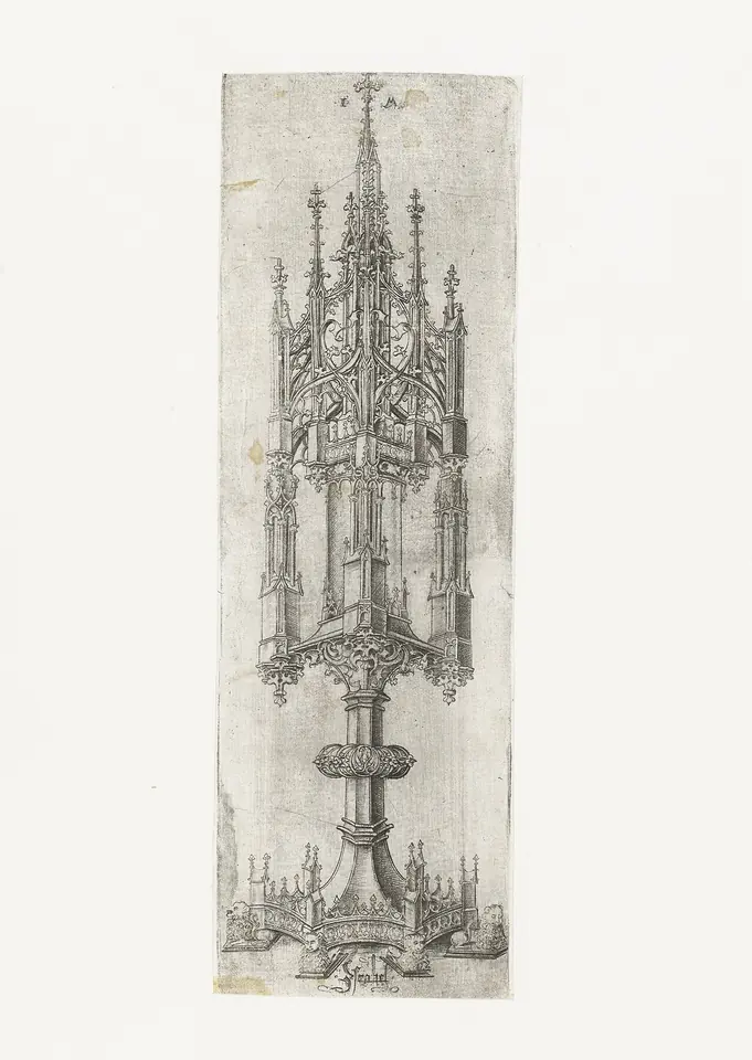 A tall, narrow engraving of a Gothic monstrance built like a cathedral spire, with pinnacles, flying buttresses and tiny niches around a central cylinder, on a slender stem