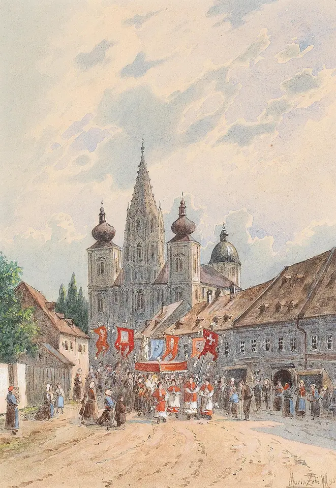 Watercolor of a Corpus Christi procession with red banners and a canopy moving along a village street toward a large church with Gothic and onion-domed towers