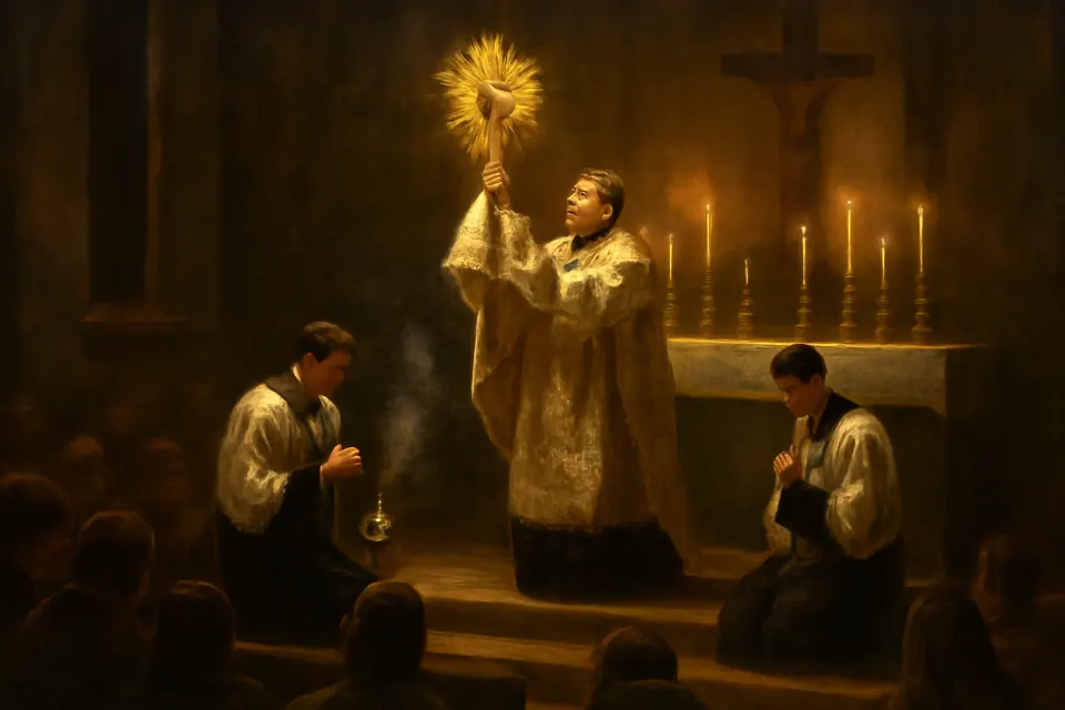 Oil-painting-style illustration of a priest in a white cope and humeral veil raising the monstrance in blessing over a kneeling congregation, with incense rising