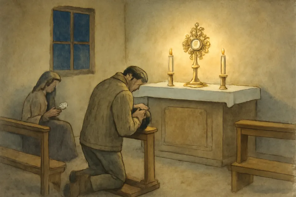 Watercolor-style illustration of a small adoration chapel at night, with a man in a work jacket kneeling alone before the monstrance on the altar