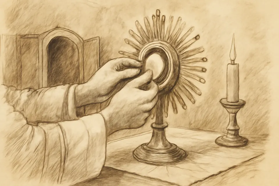 Ink-drawing-style illustration of a priest's hands sliding the small glass luna holding a white Host into the center of a sunburst monstrance