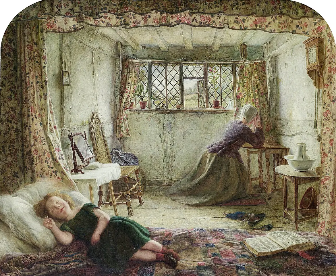 A woman prays at the window of a cottage bedroom in early light while a little girl in a green dress sleeps on the bed beside an open book