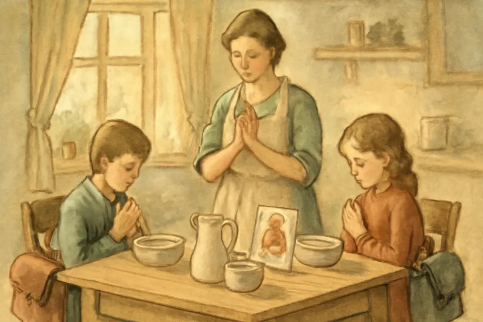 Watercolor-style illustration of a mother and two children praying together at the kitchen table before school
