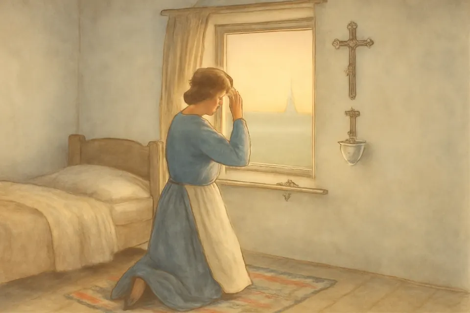 Watercolor-style illustration of a woman kneeling at an open window at sunrise, making the Sign of the Cross before a small crucifix