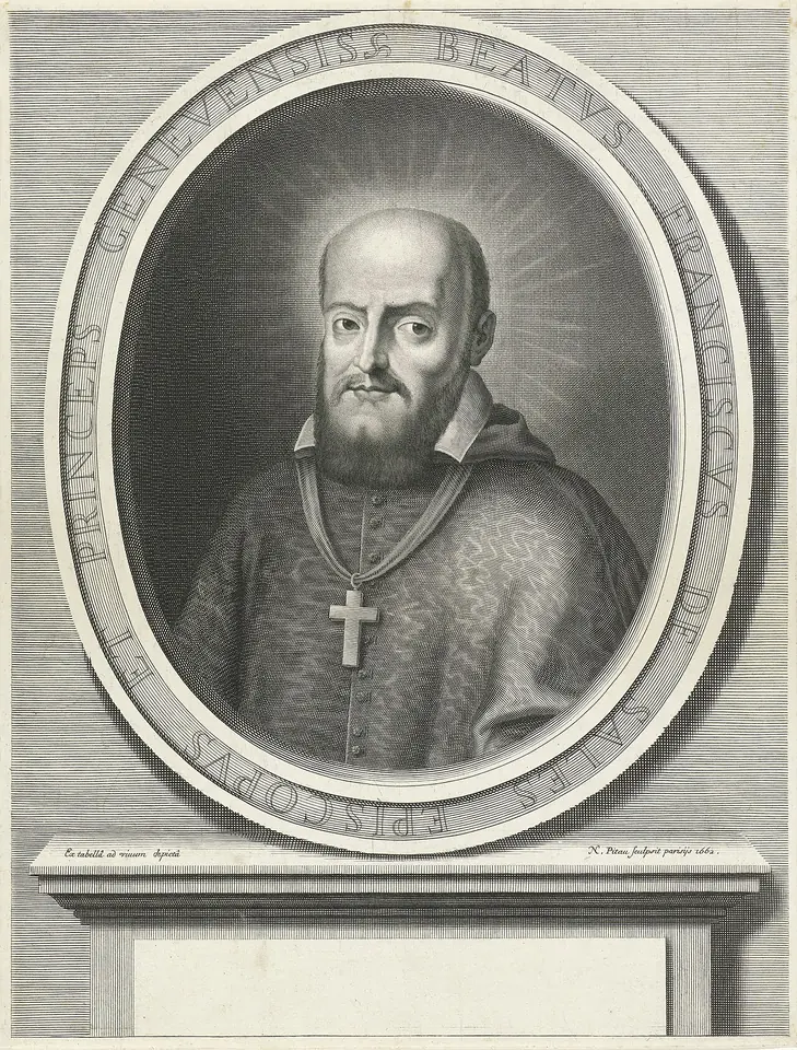 Engraved oval portrait of a bearded bishop with a pectoral cross and a halo of rays, surrounded by a Latin inscription