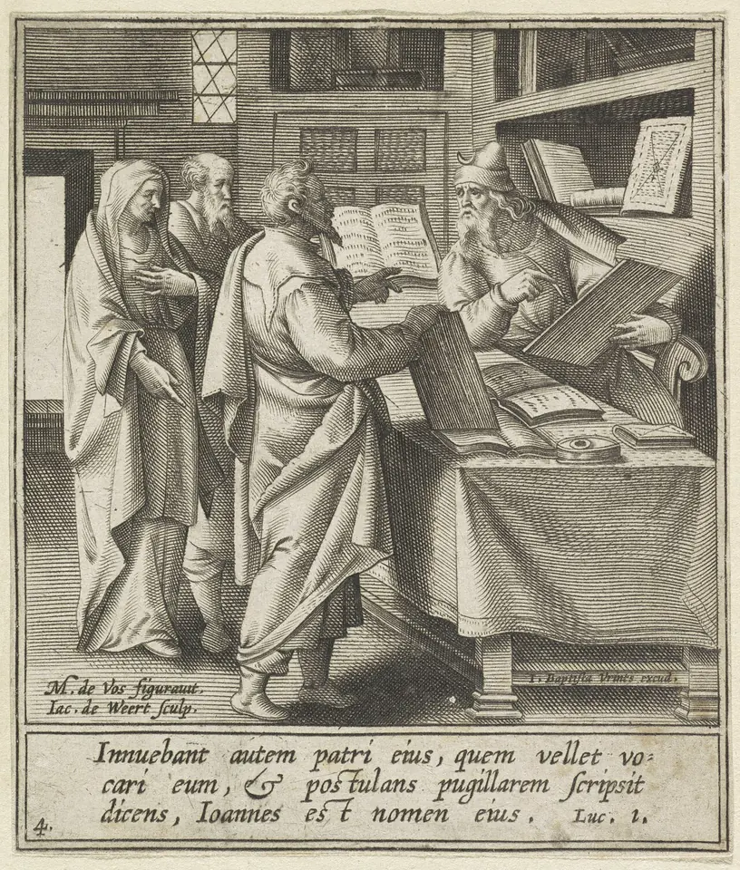 Engraving of the old priest Zechariah seated at a desk writing on a tablet while Elizabeth and relatives look on, with the Latin inscription Ioannes est nomen eius