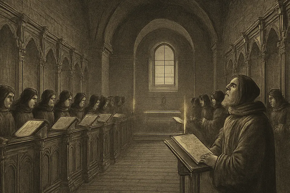 Engraving-style illustration of monks in black habits chanting Lauds in a candlelit choir as the first light of dawn enters through a high window