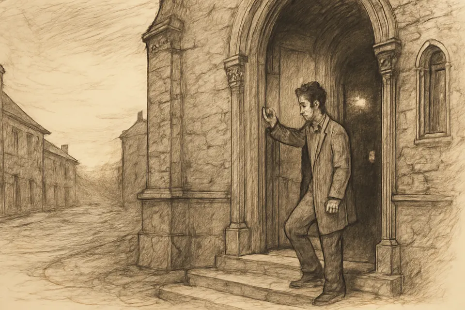 Oil-painting-style illustration of a young man standing at the open door of a dark church at dawn, hesitating before going in, with a lit confessional lamp visible inside