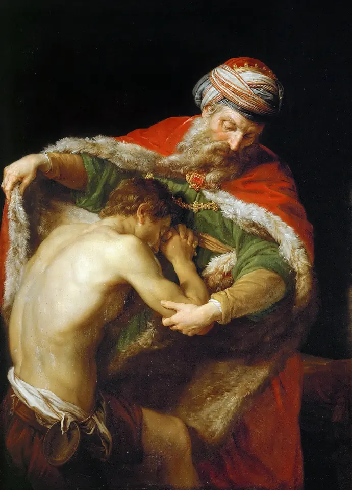 An old father in a red cloak and turban folds his arms and robe around his son, who kneels half-naked against him with his face hidden in his father's chest