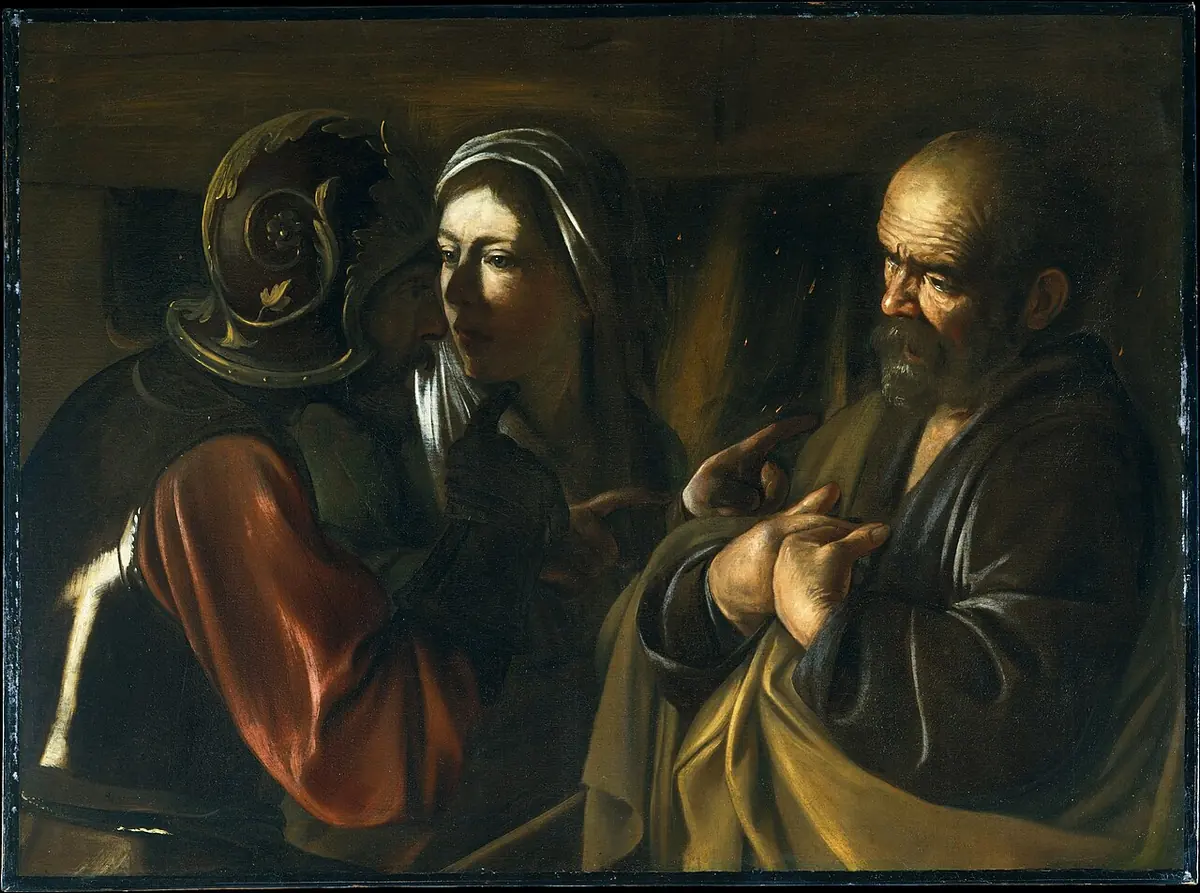 In a dark courtyard a servant woman points at St. Peter while a helmeted soldier looks on, and Peter, an old man, raises his hands to his chest in denial
