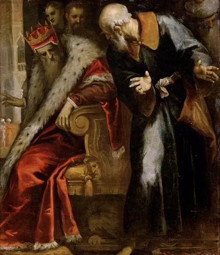 The bearded prophet Nathan in dark robes leans toward King David, who sits on his throne in a crown and ermine-trimmed red cloak, looking down in shame