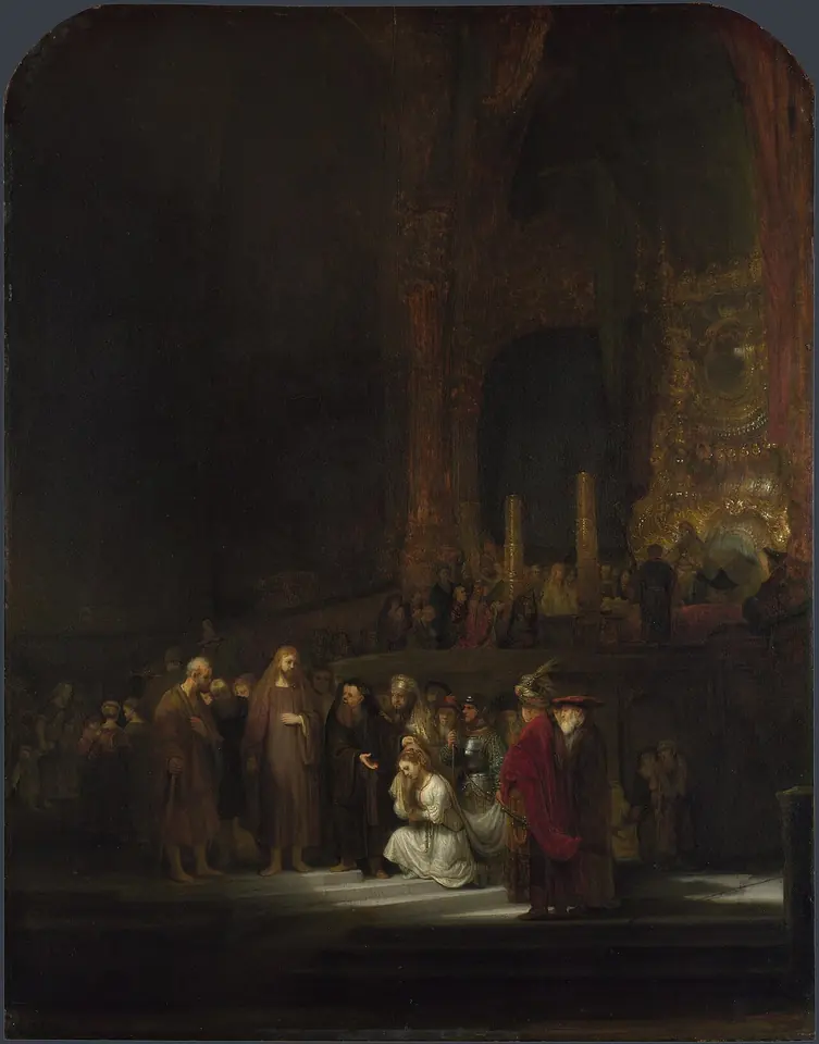 In the vast golden darkness of the Temple, a woman in white kneels weeping before Christ, surrounded by her accusers, while a soaring altar glows in the background