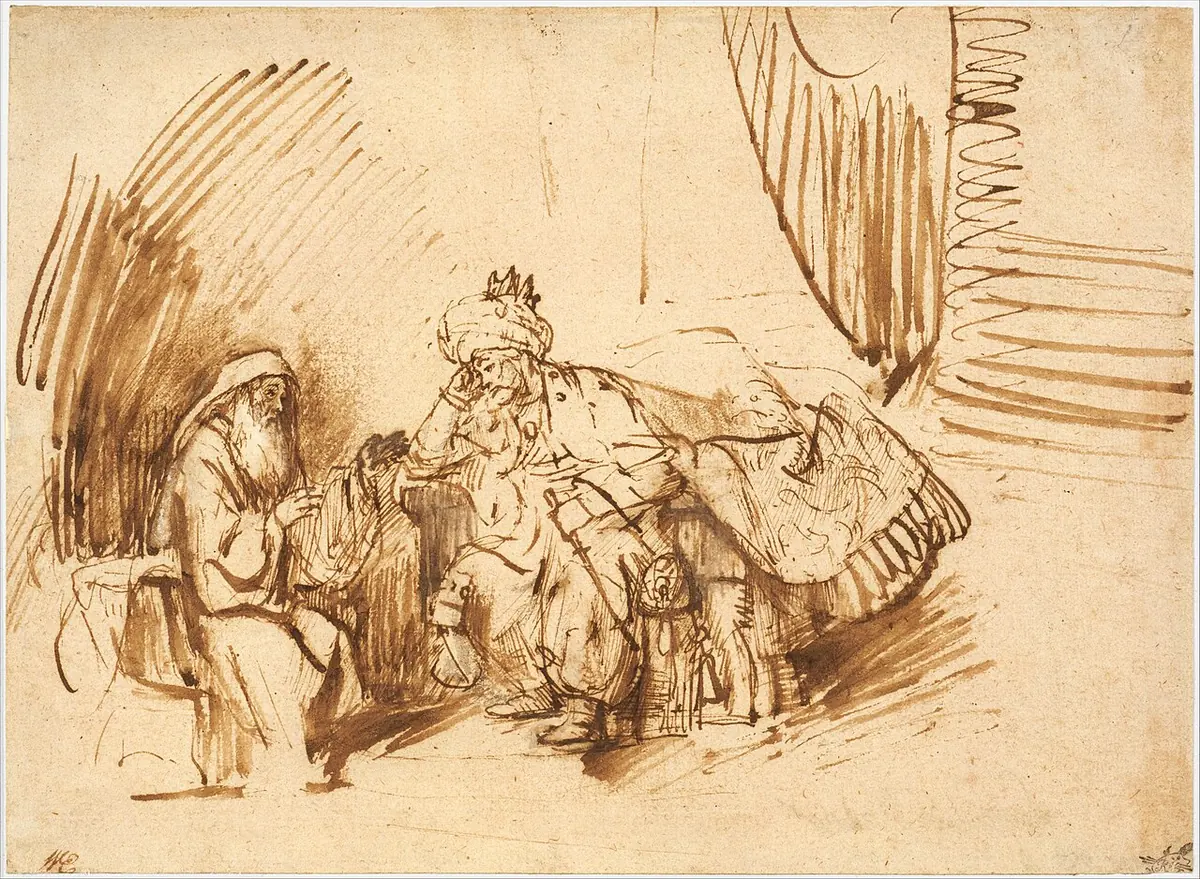 Pen-and-ink drawing of the prophet Nathan seated and speaking to King David, who sits before him in a crown with his head bowed, a curtain behind them