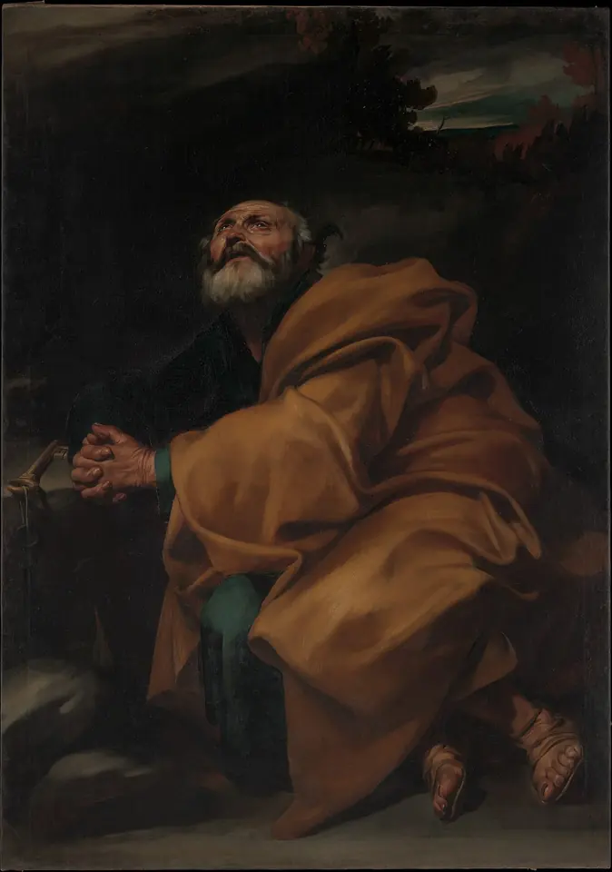 St. Peter, an old bearded man in an orange cloak, kneels on a rock with his hands clasped and his red-rimmed eyes raised to heaven in repentance