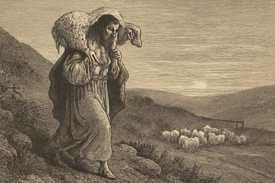 Engraving-style illustration of Christ the Good Shepherd carrying a lost sheep on his shoulders across a rocky hillside at dusk