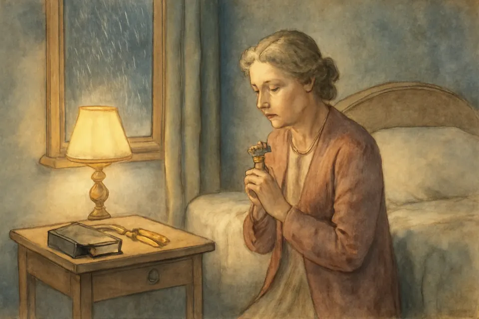 Watercolor illustration of a woman kneeling beside her bed at night with a small crucifix in her hands, praying an act of contrition