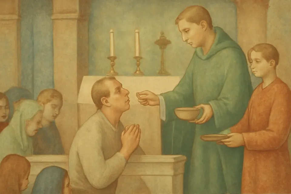 Fresco-style illustration of a man kneeling at an altar rail to receive Holy Communion from a priest, among other parishioners