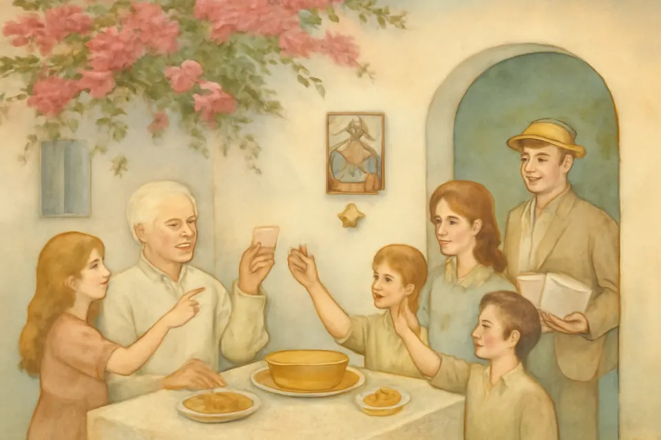Oil-painting-style illustration of a Greek family gathered around a table in a sunlit courtyard, raising glasses to a smiling grandfather on his name day, an icon of St. George on the wall behind him