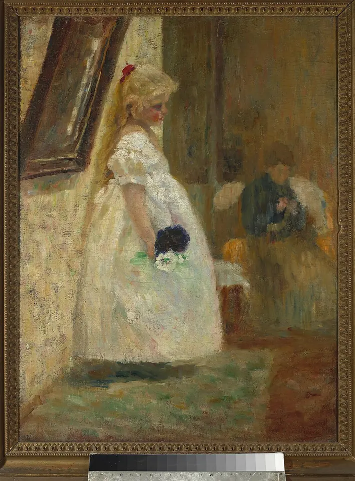 Impressionistic painting of a girl in a long white dress with a red ribbon in her hair, holding a bouquet of blue flowers as she walks toward an older woman in the next room