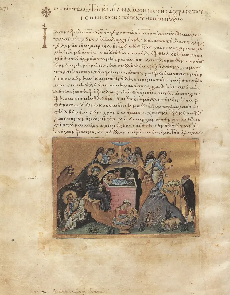 Manuscript page with a block of Greek text above a small gold-ground miniature of the Nativity, showing the Virgin and Child in a cave with angels above the mountains