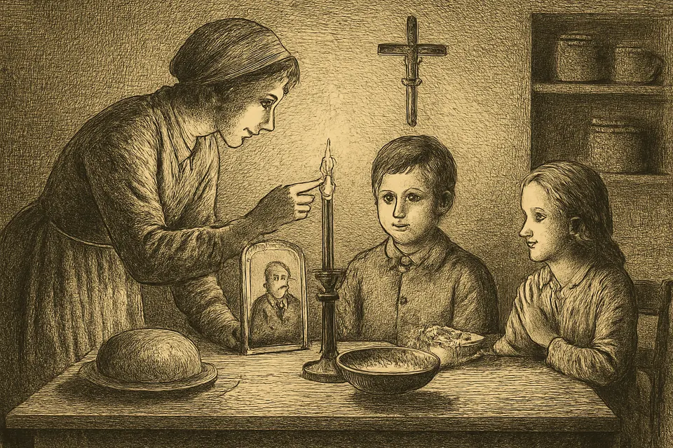 Engraving-style illustration of a mother lighting a candle before a small picture of a saint while her son and daughter fold their hands at the dinner table