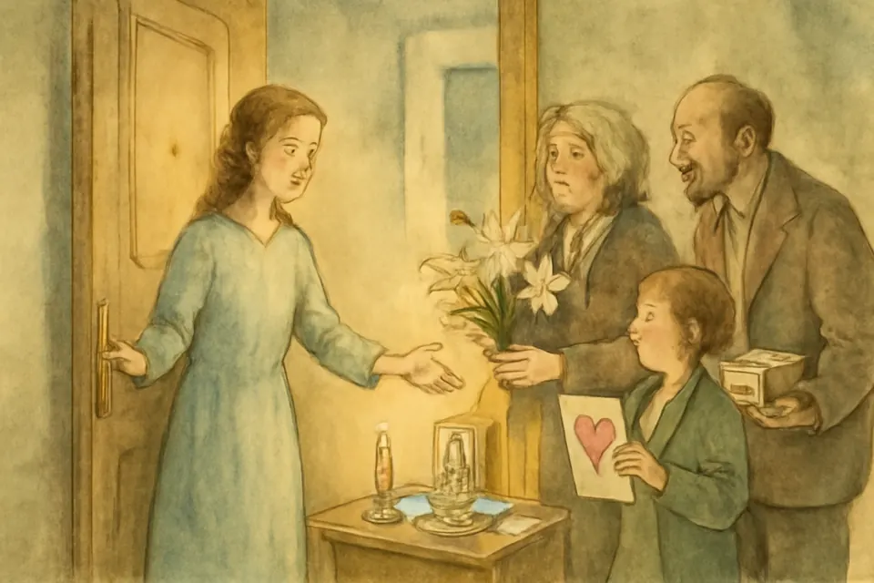 Watercolor-style illustration of neighbors arriving at an apartment door with flowers and a box of sweets to wish a young woman a happy name day