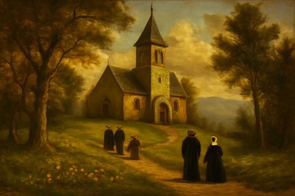 Watercolor-style view of a pale stone church with a square bell tower on a green hill in the Berkshires, with pilgrims walking toward it in spring