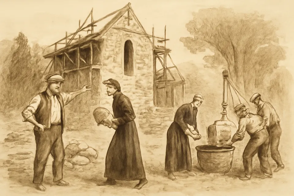 Ink-drawing-style illustration of an elderly stonemason directing young men in black cassocks as they set stones in the walls of a church under construction